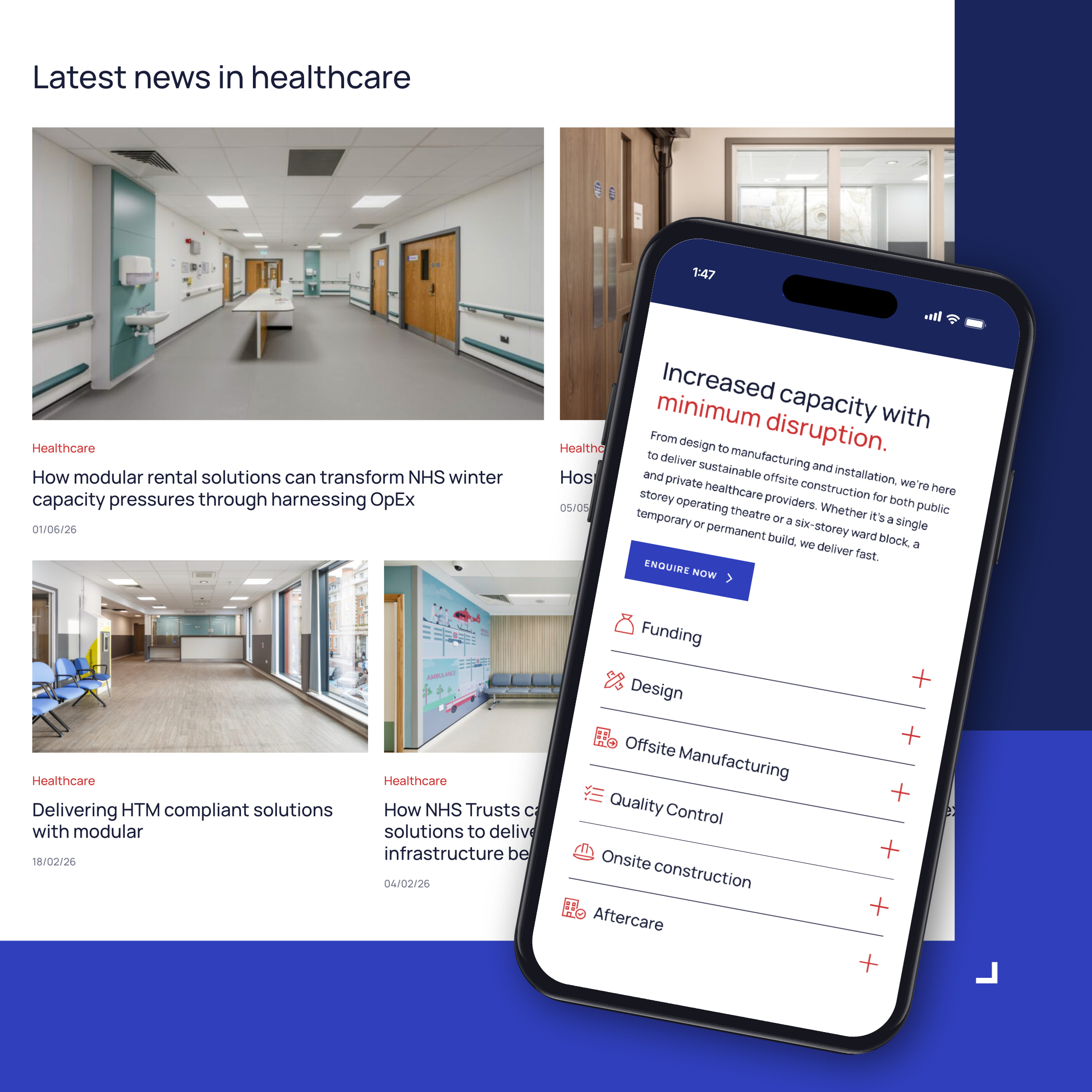 An example of a mobile-responsive web design layout showcasing content marketing and service offerings for a modern construction firm.