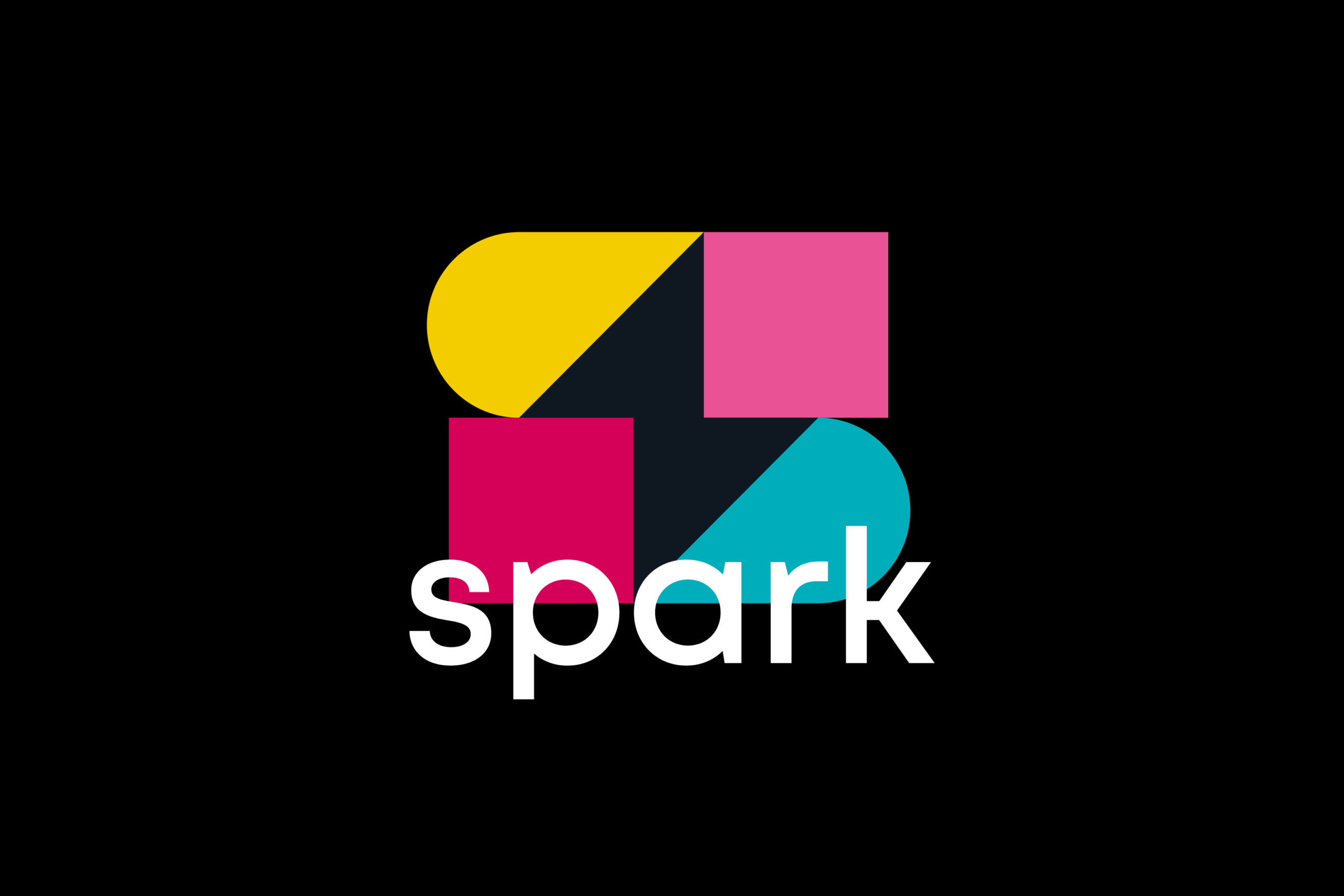 The colorful geometric 'Spark' logo on a solid black background, representing creative agency innovation and collaborative brainstorming sessions