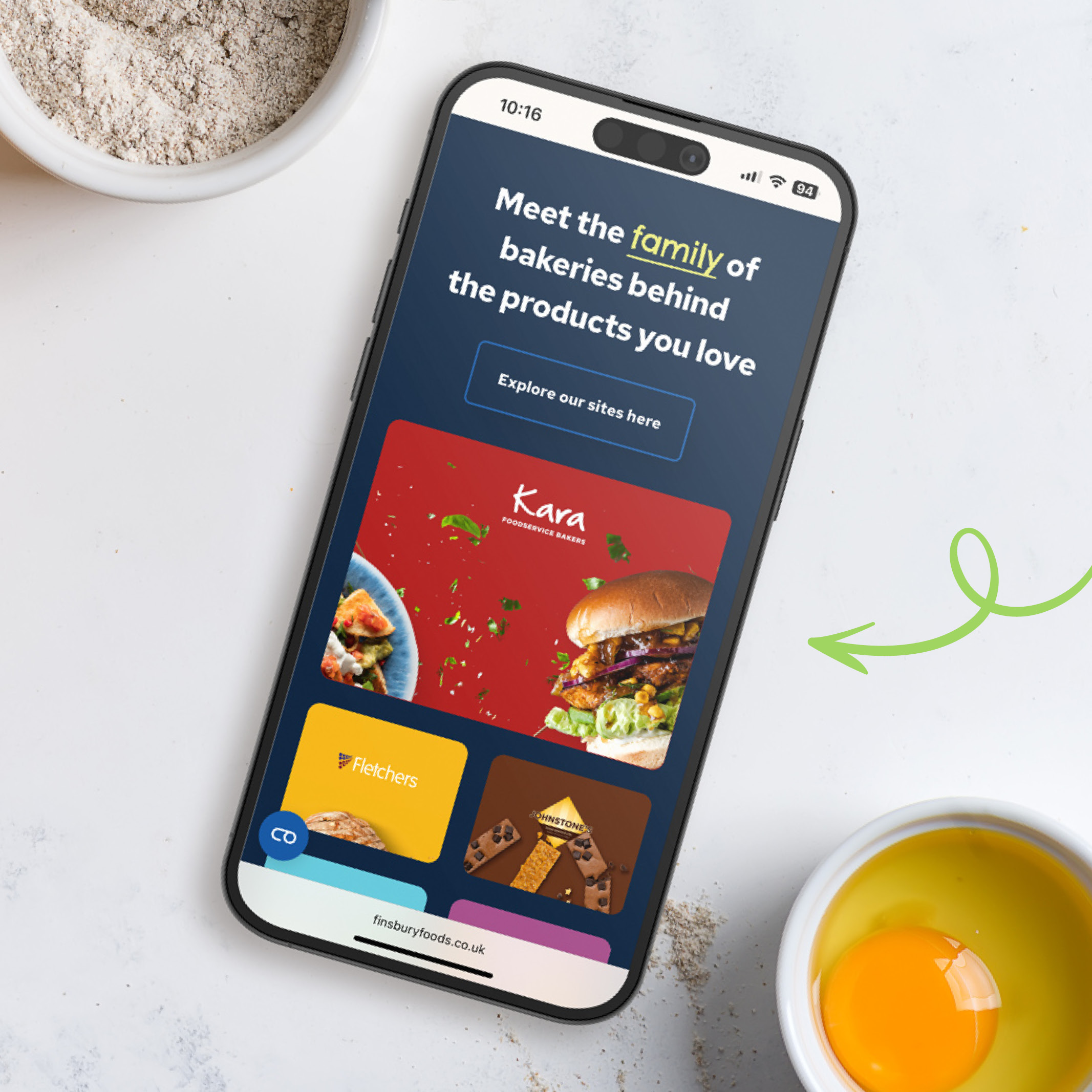 A mobile web design concept for a bakery brand showcased on a phone, illustrating creative campaign ideas