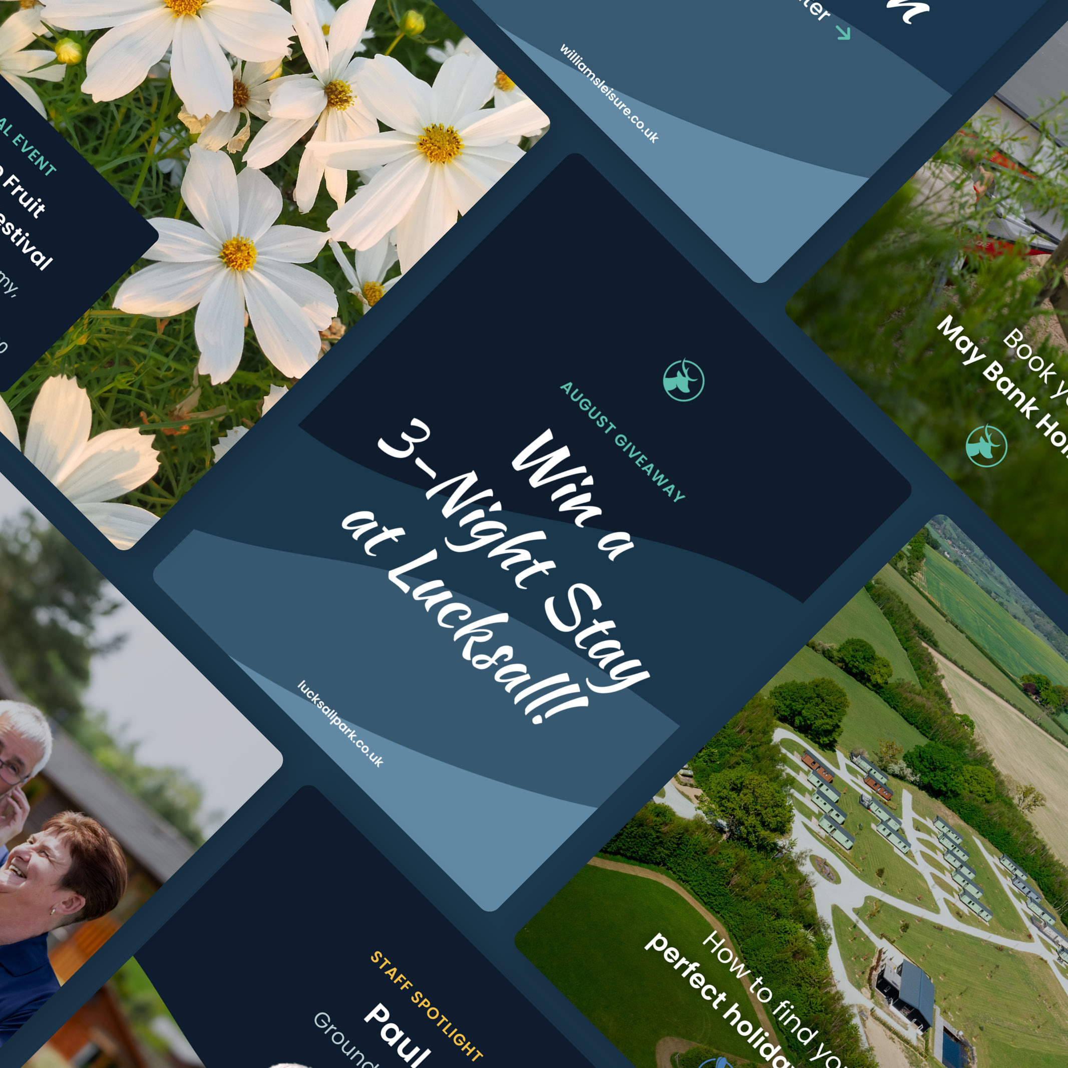 A collection of social media marketing graphics for a holiday venue, showcasing a giveaway campaign and event promotions designed to increase bookings